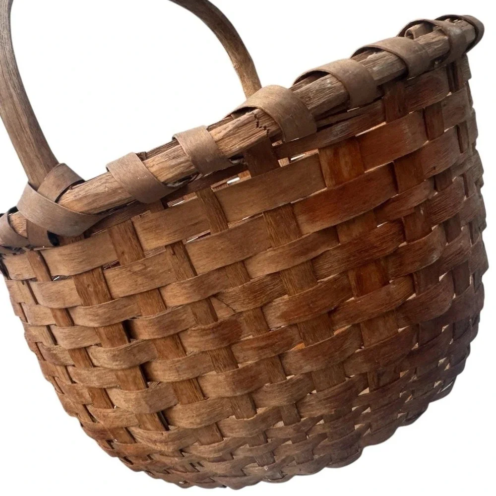 Vintage‎ Primitive Hand Woven Splint Wood Gathering Basket Fixed Handle Brown